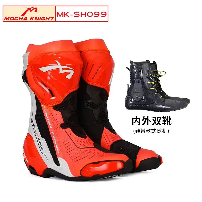 Men’s Motorcycle Racing Boots – CE Certified, White/Orange LanRider